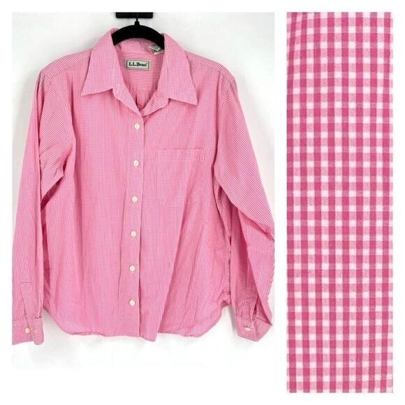 L.L. Bean Tops - L.L. Bean Women's Checked Plaid Long Sleeve Button-Down Shirt Pink White Medium